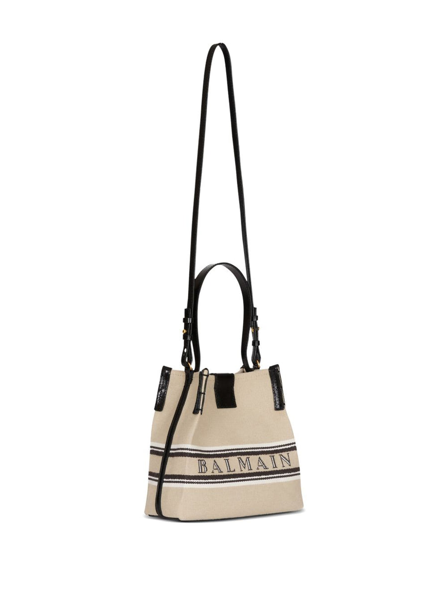 Balmain Bucket Bag Release Beige Canvas And Calfskin With Detachable Strap And Luxurious Top Handle For Women