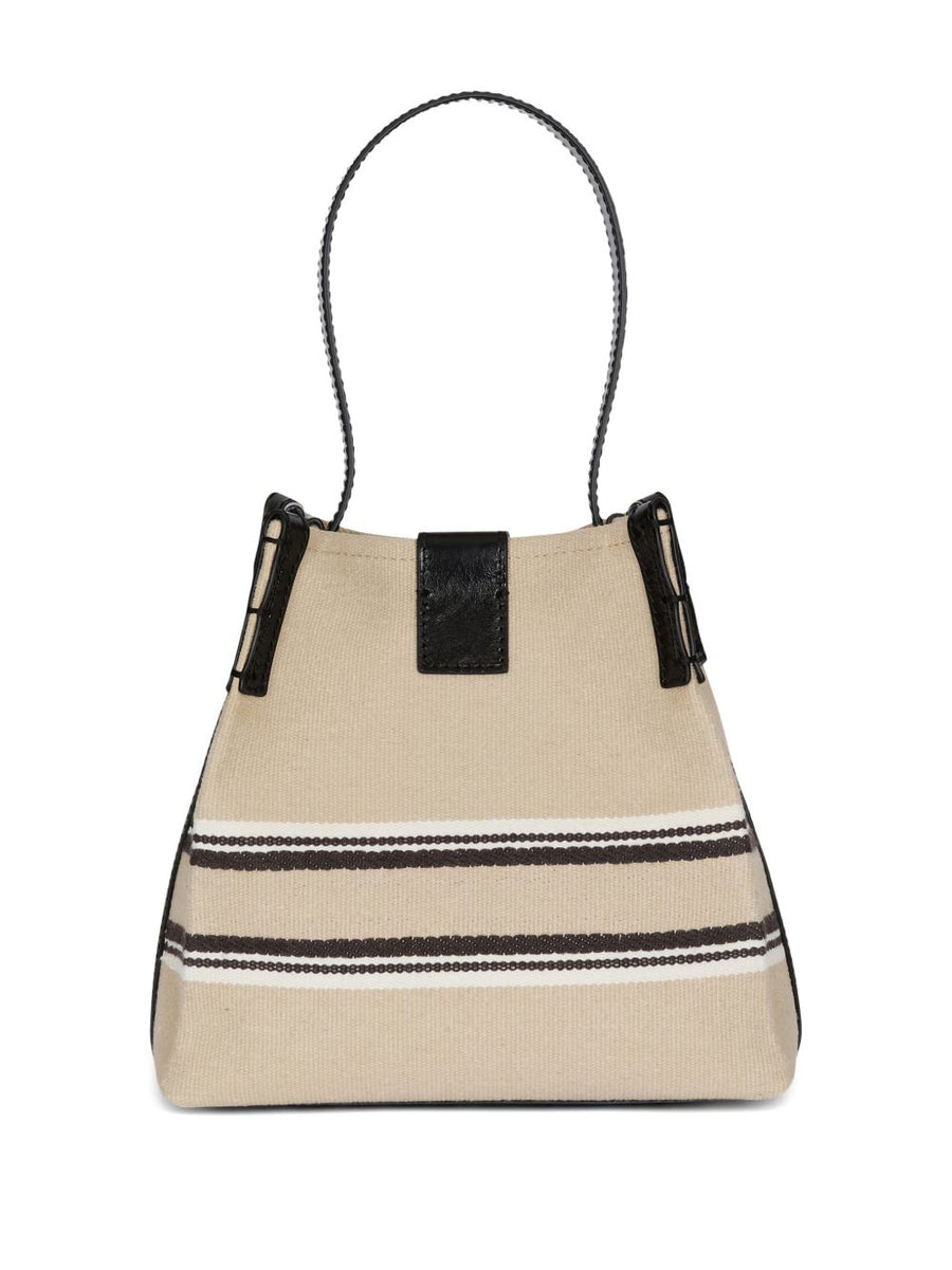 Balmain Bucket Bag Release Beige Canvas And Calfskin With Detachable Strap And Luxurious Top Handle For Women