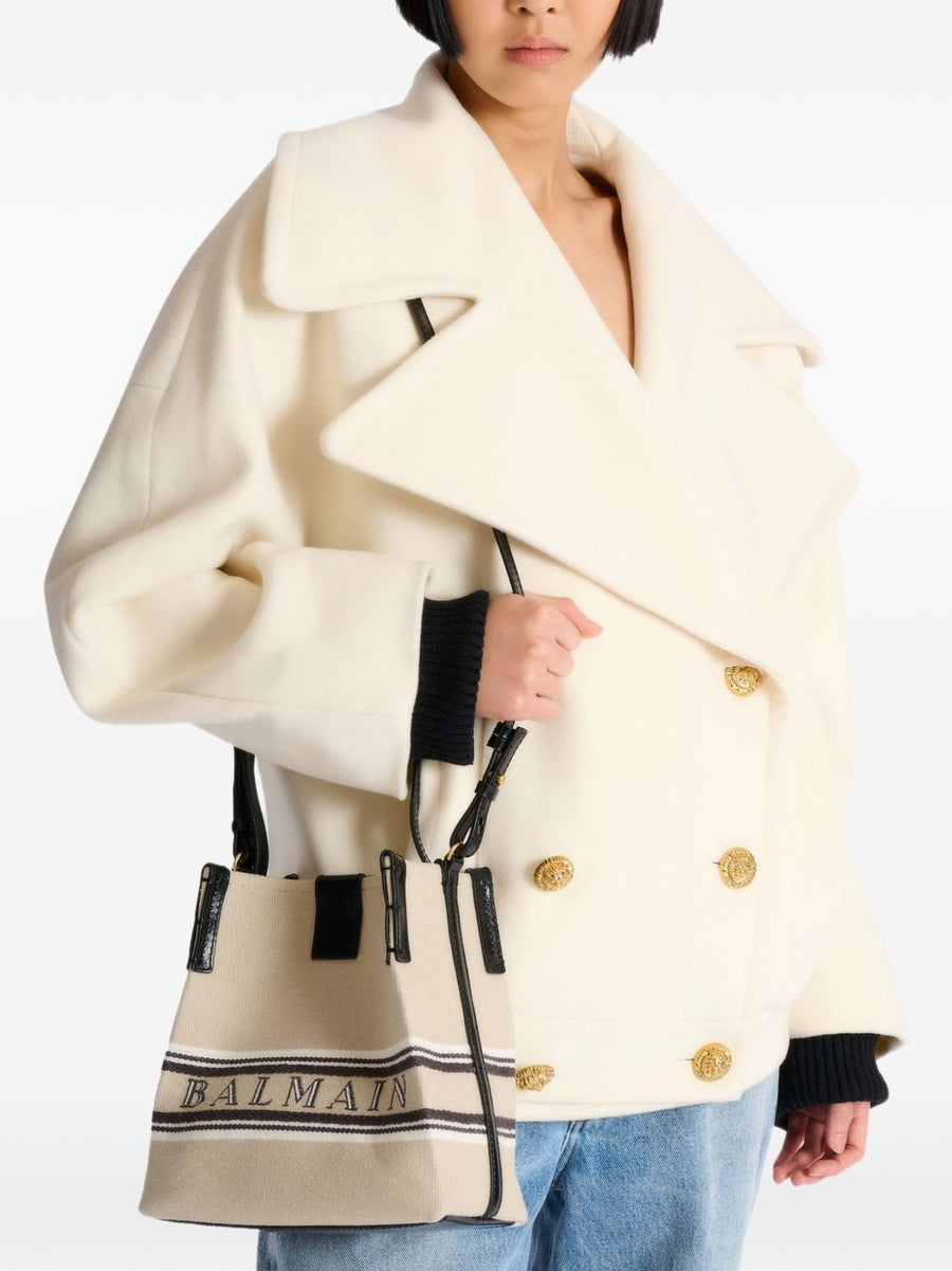 Balmain Bucket Bag Release Beige Canvas And Calfskin With Detachable Strap And Luxurious Top Handle For Women