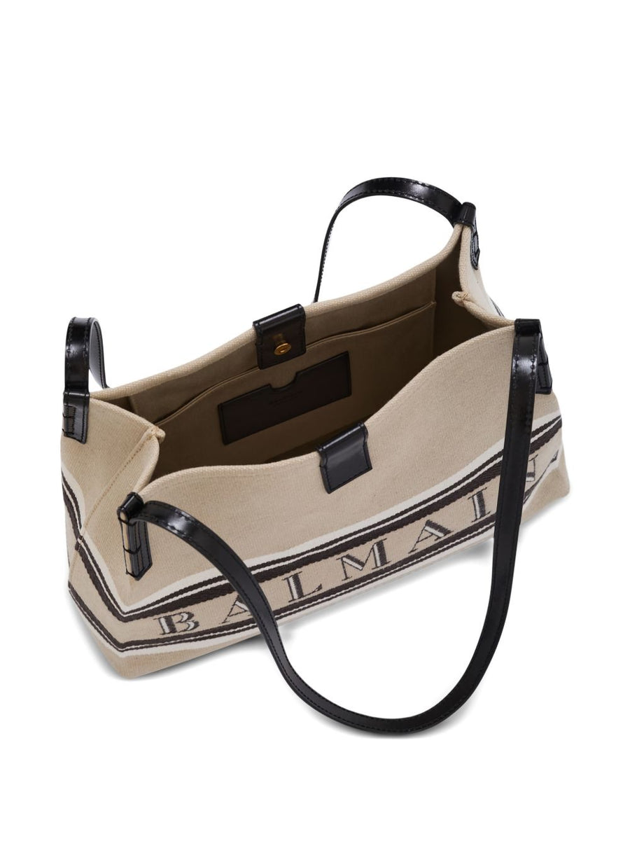 Balmain Medium Release Shopper Bag For Women Beige Canvas And Calfskin With Detachable Tote And Magnetic Closure