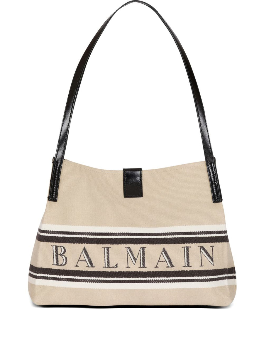 Balmain Medium Release Shopper Bag For Women Beige Canvas And Calfskin With Detachable Tote And Magnetic Closure
