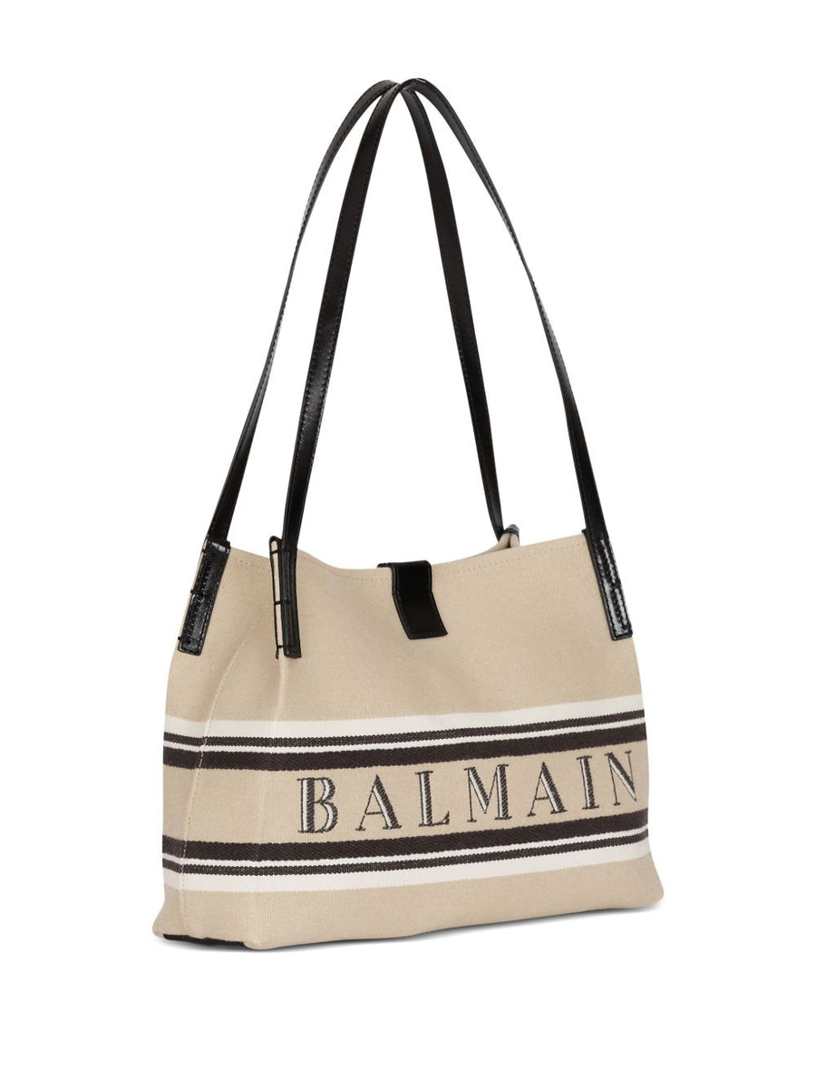 Balmain Medium Release Shopper Bag For Women Beige Canvas And Calfskin With Detachable Tote And Magnetic Closure