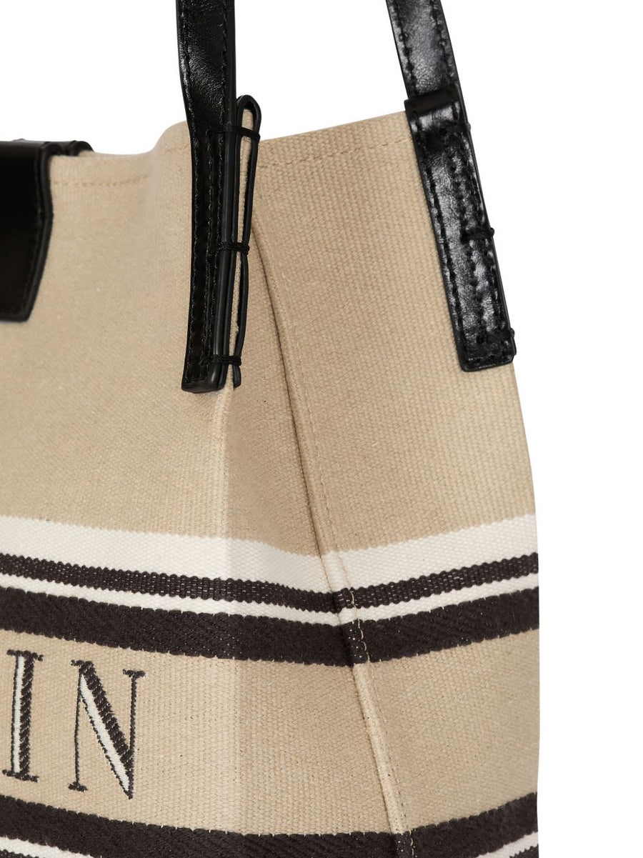 Balmain Medium Release Shopper Bag For Women Beige Canvas And Calfskin With Detachable Tote And Magnetic Closure