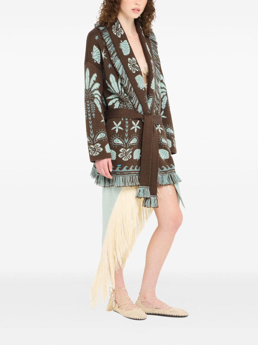 Alanui Cardigan For Women Echoes Of The Island Virgin Wool Blend With Fringed Graphic Knit And Shawl Lapel