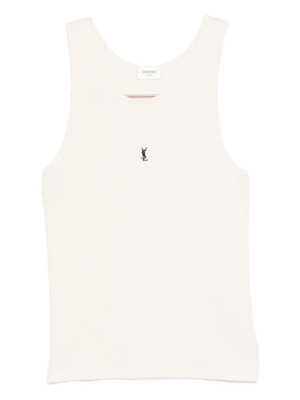 Saint Laurent Logo Embroidered Cotton Tank Top For Women Beige Sleeveless Essential