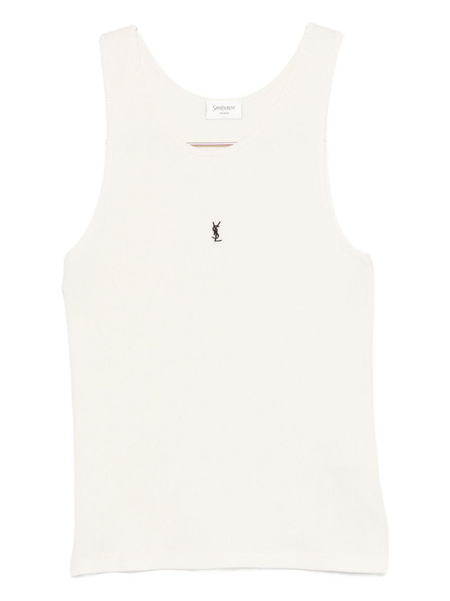 Saint Laurent Logo Embroidered Cotton Tank Top For Women Beige Sleeveless Essential