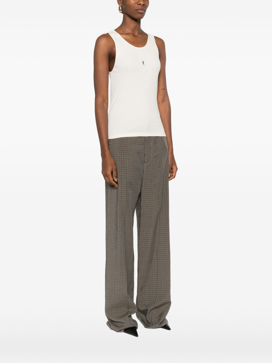 Saint Laurent Logo Embroidered Cotton Tank Top For Women Beige Sleeveless Essential