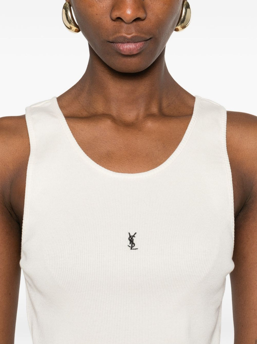 Saint Laurent Logo Embroidered Cotton Tank Top For Women Beige Sleeveless Essential