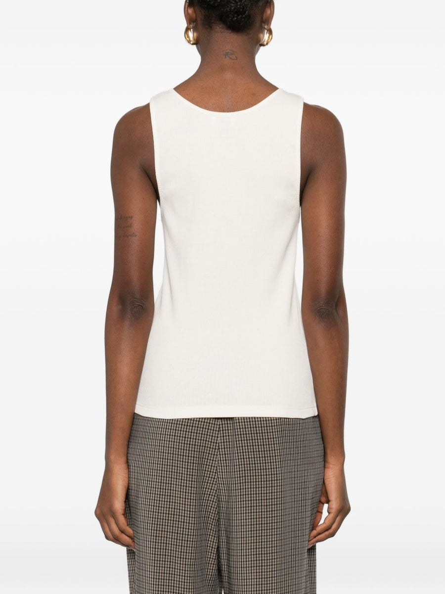 Saint Laurent Logo Embroidered Cotton Tank Top For Women Beige Sleeveless Essential