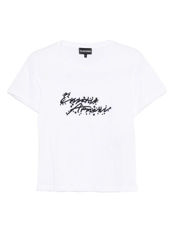 Emporio Armani Logo Cotton T Shirt With White Sequin Detail For Women Luxury Round Neck Tee