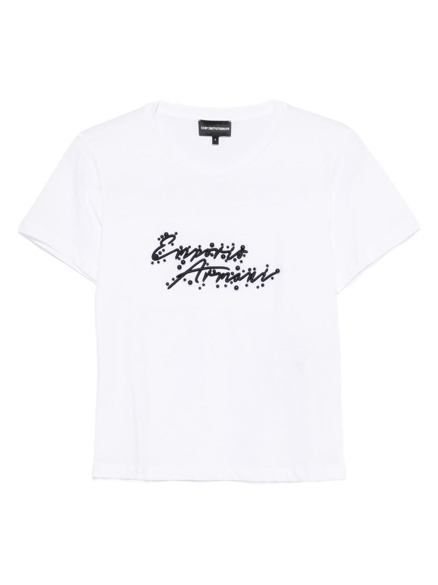 Emporio Armani Logo Cotton T Shirt With White Sequin Detail For Women Luxury Round Neck Tee