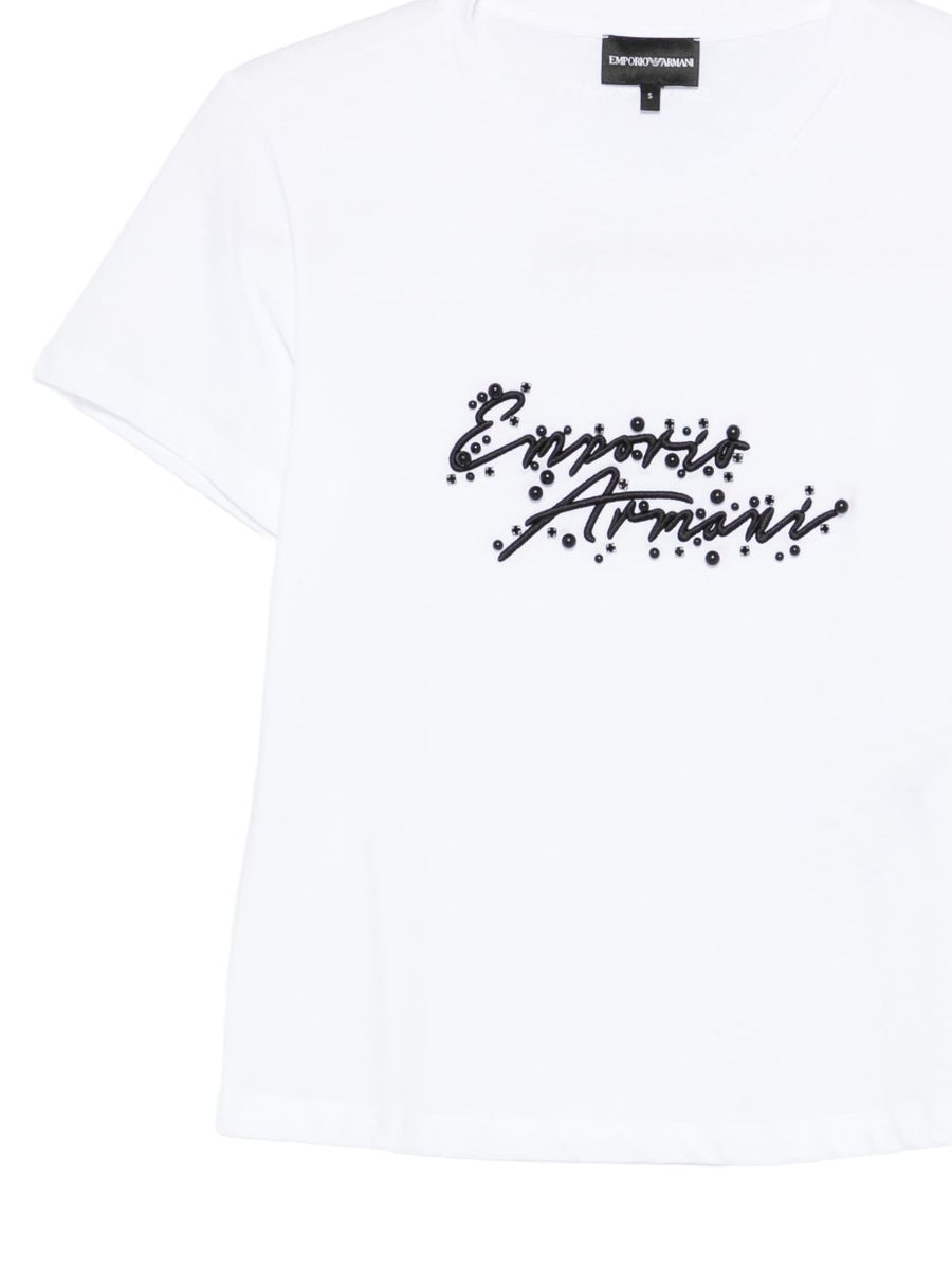 Emporio Armani Logo Cotton T Shirt With White Sequin Detail For Women Luxury Round Neck Tee