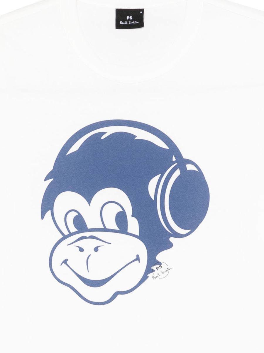 Monkey Headphone Tee By PS By Paul Smith Organic Cotton Men Casual Crew Neck White
