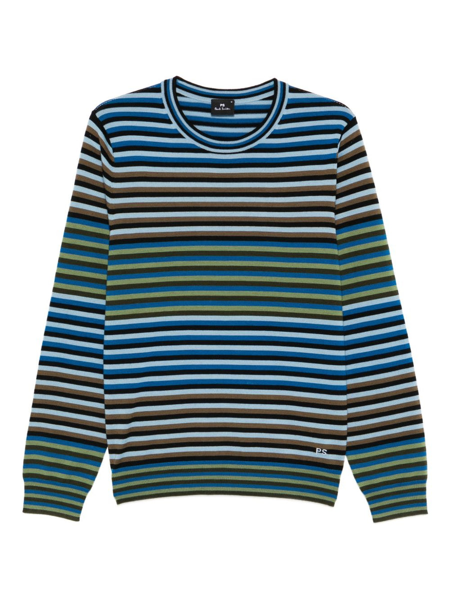 Luxurious Merino Wool Crewneck Sweater For Men By PS By Paul Smith With Navy Blue Green Stripe
