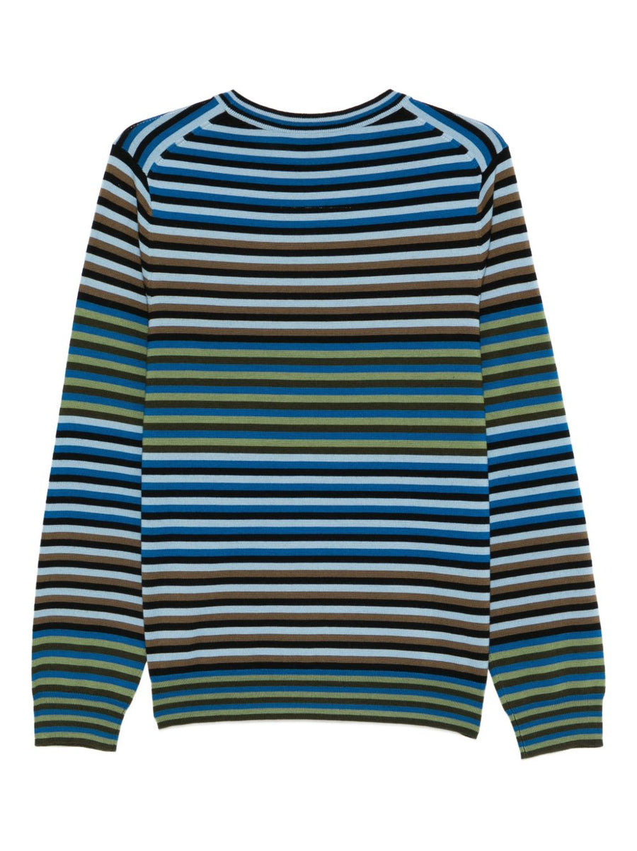 Luxurious Merino Wool Crewneck Sweater For Men By PS By Paul Smith With Navy Blue Green Stripe