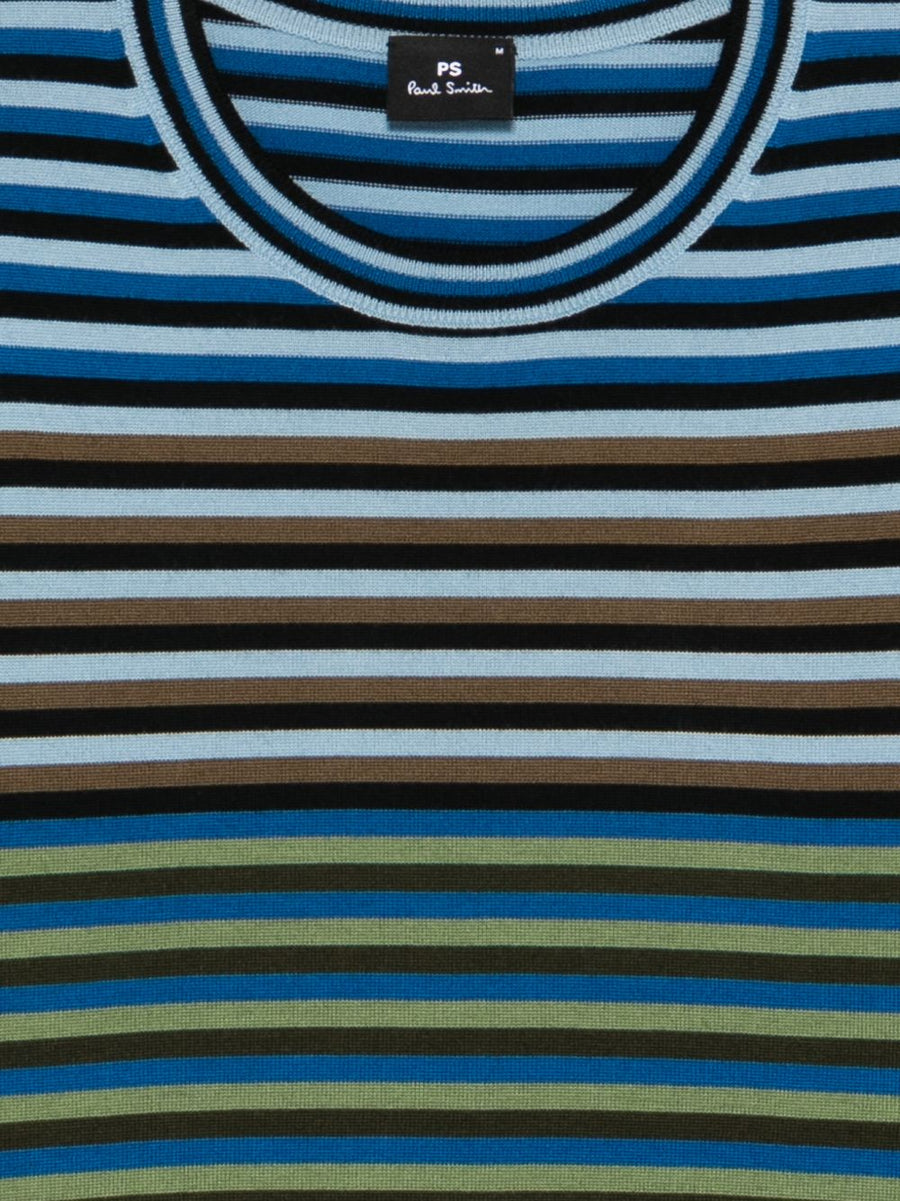 Luxurious Merino Wool Crewneck Sweater For Men By PS By Paul Smith With Navy Blue Green Stripe