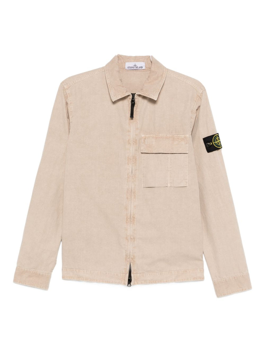 Stone Island Beige Cotton Shirt For Men With Chest Pocket And Zip Closure Long Sleeves Premium Quality
