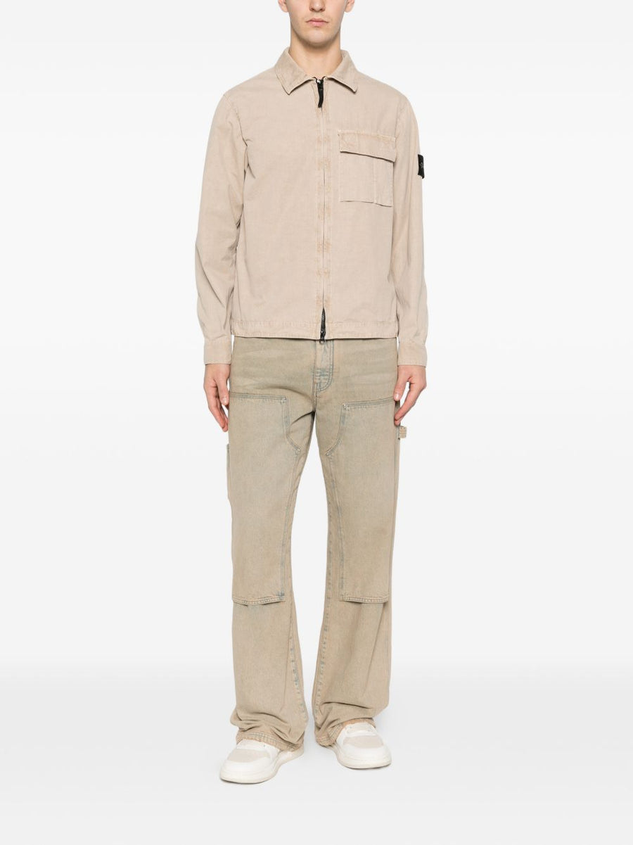 Stone Island Beige Cotton Shirt For Men With Chest Pocket And Zip Closure Long Sleeves Premium Quality
