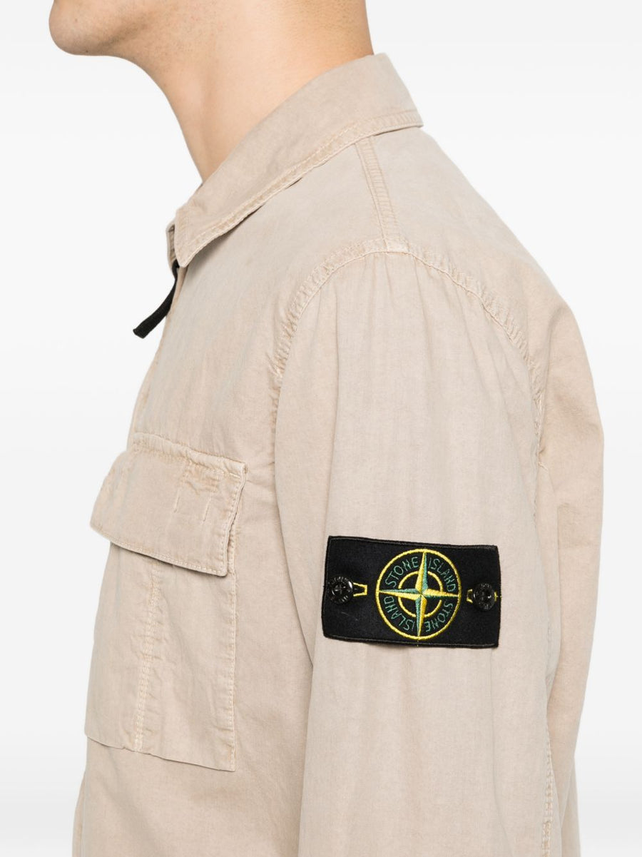 Stone Island Beige Cotton Shirt For Men With Chest Pocket And Zip Closure Long Sleeves Premium Quality