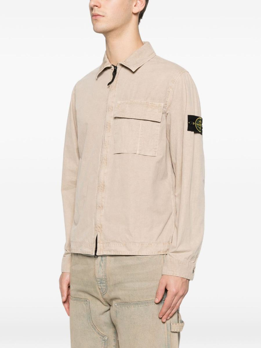 Stone Island Beige Cotton Shirt For Men With Chest Pocket And Zip Closure Long Sleeves Premium Quality