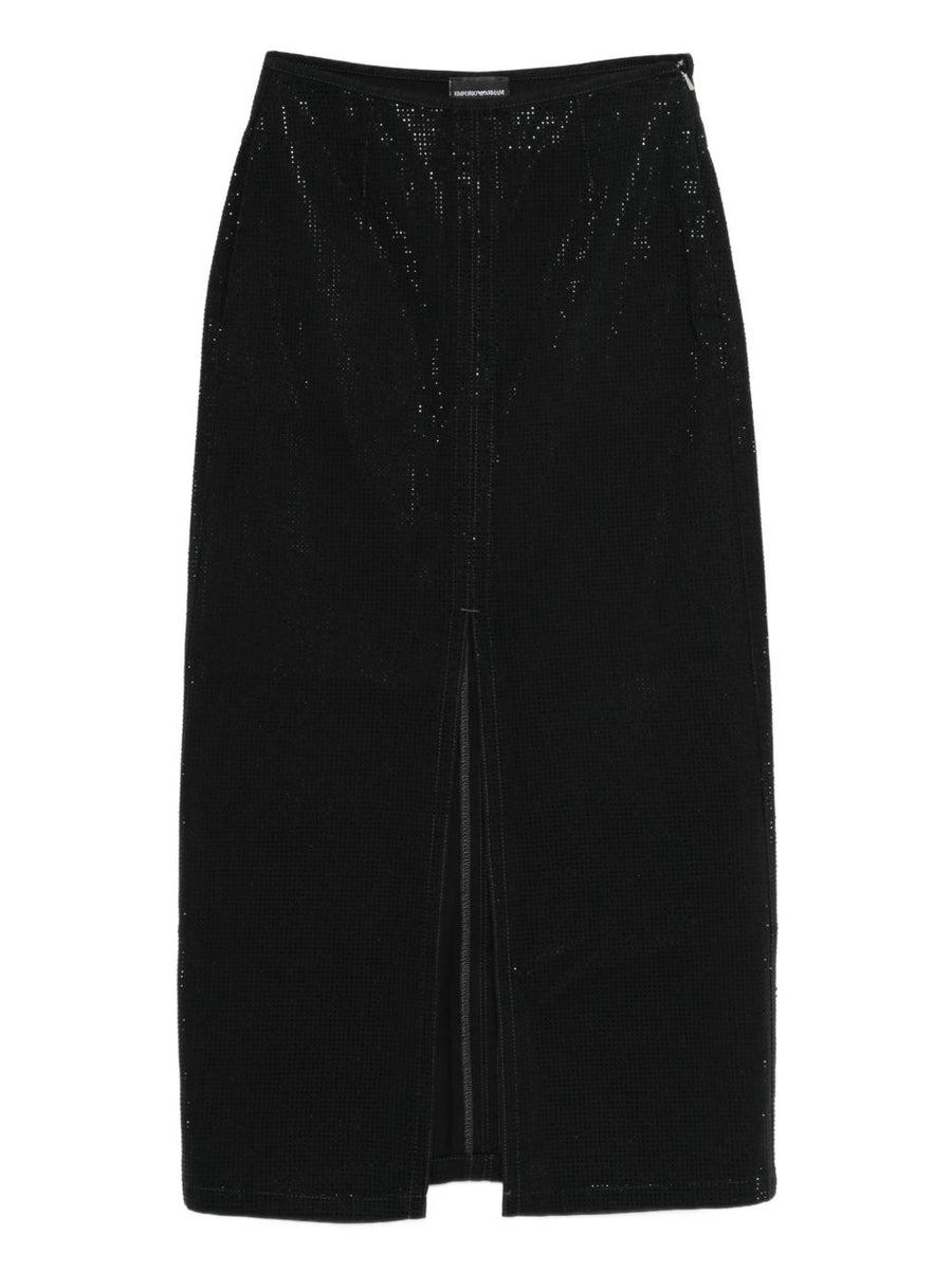Emporio Armani Studded Sequin Midi Skirt For Women Black Front Slit Luxury Lyocell Cotton Chic