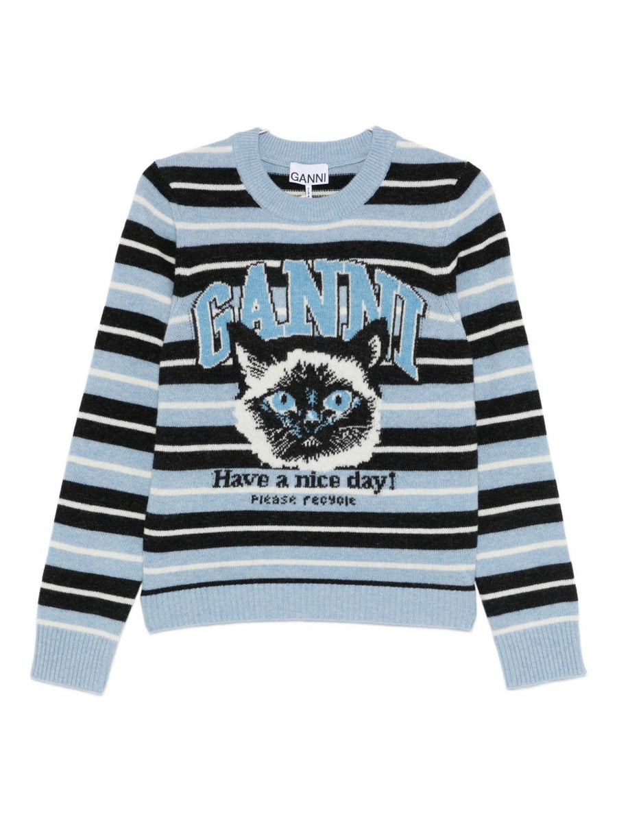 Ganni Wool Crewneck Sweater For Women Light Blue Stripe Jacquard Knit Recycled Wool Blend Everyday Luxe