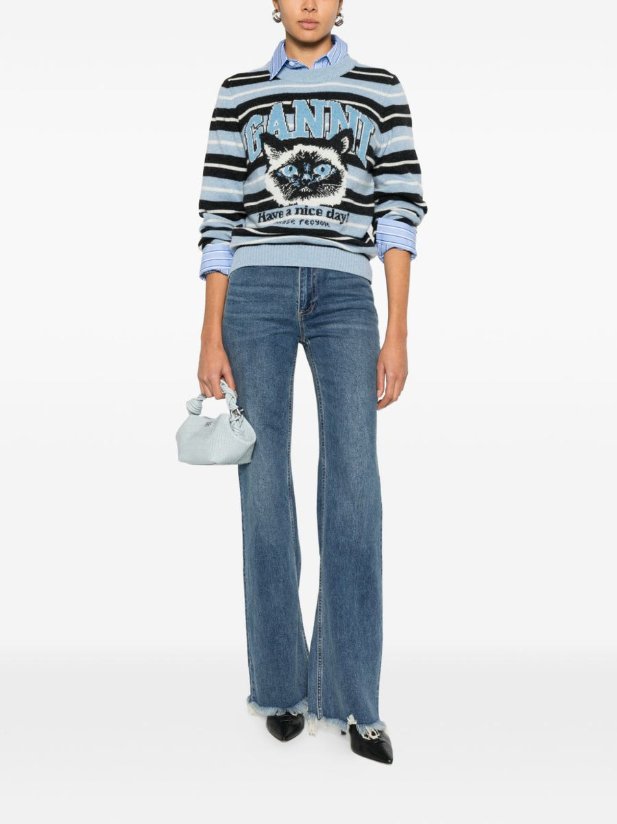 Ganni Wool Crewneck Sweater For Women Light Blue Stripe Jacquard Knit Recycled Wool Blend Everyday Luxe
