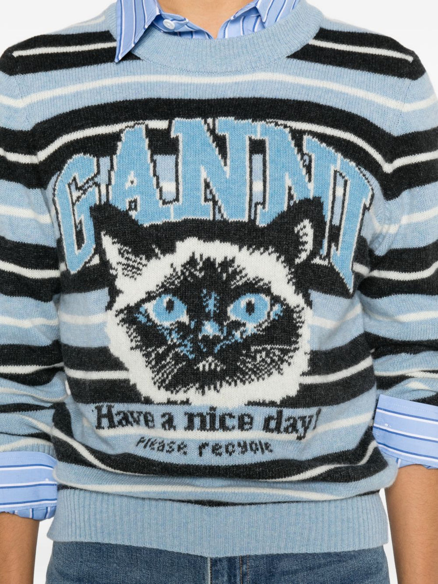 Ganni Wool Crewneck Sweater For Women Light Blue Stripe Jacquard Knit Recycled Wool Blend Everyday Luxe