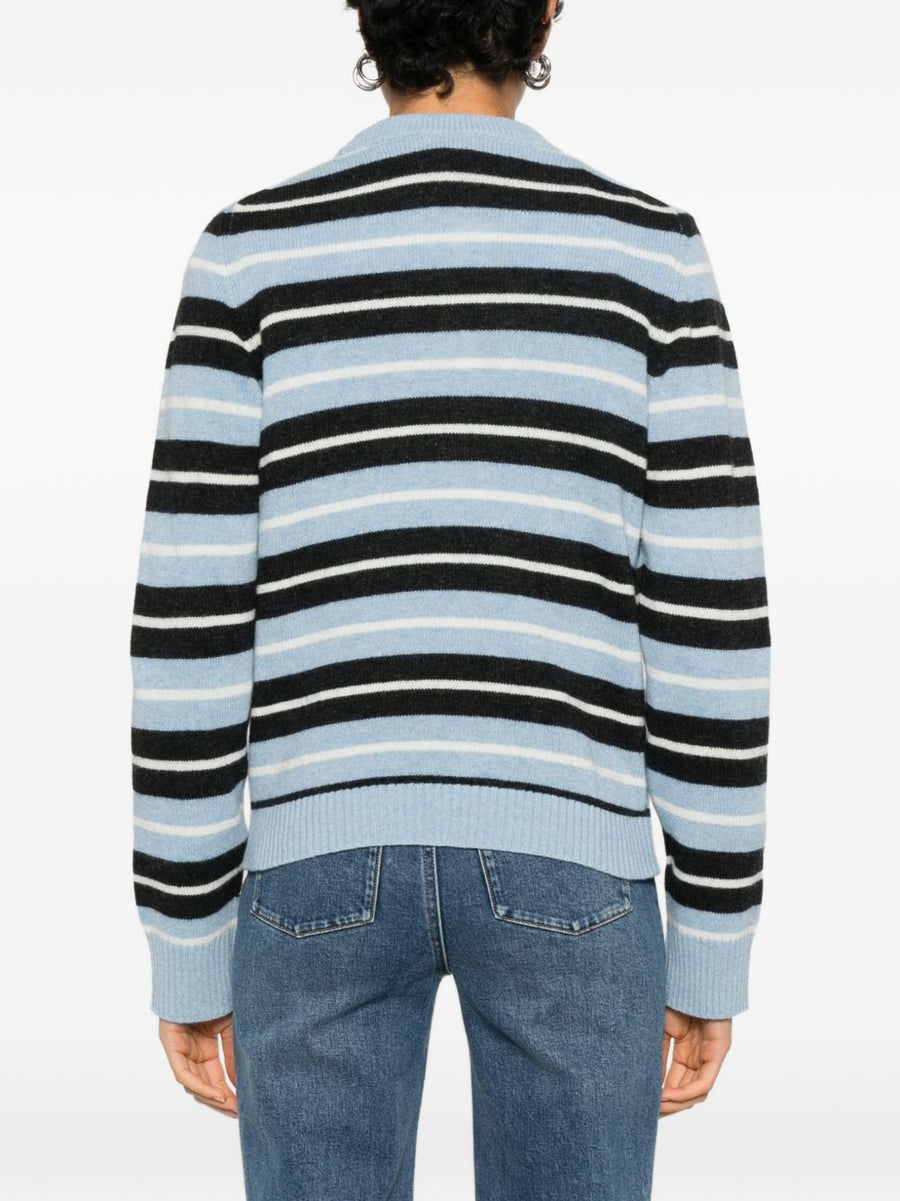 Ganni Wool Crewneck Sweater For Women Light Blue Stripe Jacquard Knit Recycled Wool Blend Everyday Luxe