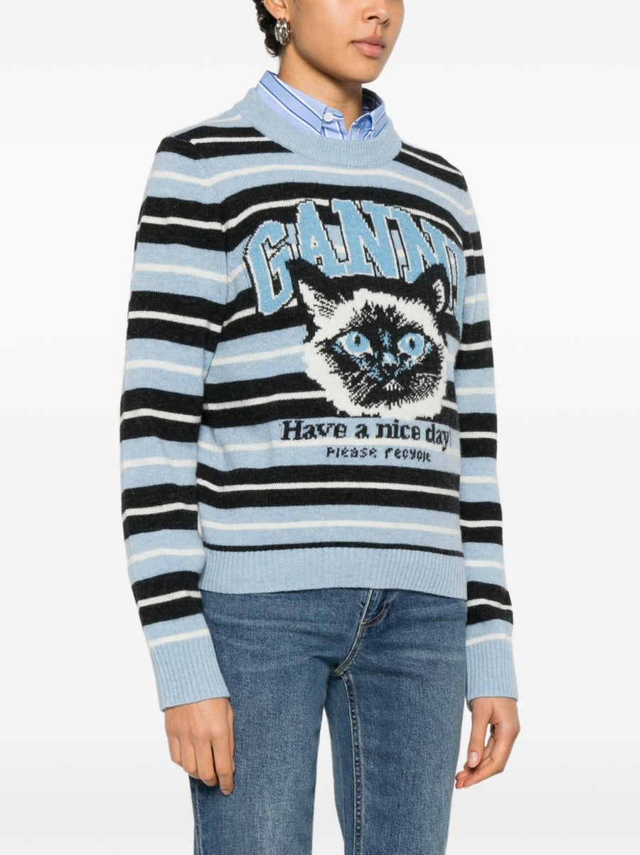 Ganni Wool Crewneck Sweater For Women Light Blue Stripe Jacquard Knit Recycled Wool Blend Everyday Luxe