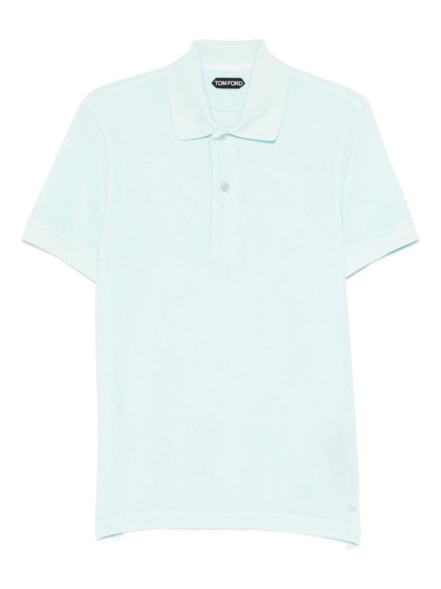 Tom Ford Luxury Cotton Polo Shirt For Men Light Blue Premium Materials And Mother Of Pearl Knit Details