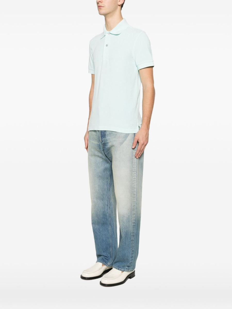 Tom Ford Luxury Cotton Polo Shirt For Men Light Blue Premium Materials And Mother Of Pearl Knit Details