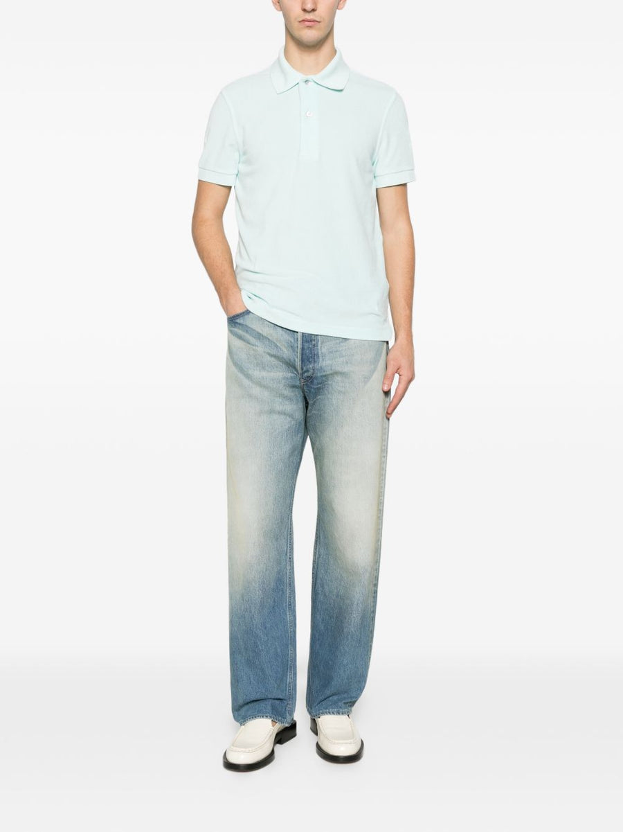 Tom Ford Luxury Cotton Polo Shirt For Men Light Blue Premium Materials And Mother Of Pearl Knit Details