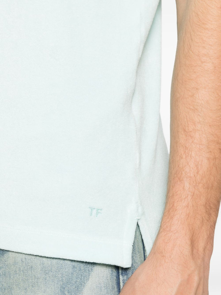 Tom Ford Luxury Cotton Polo Shirt For Men Light Blue Premium Materials And Mother Of Pearl Knit Details
