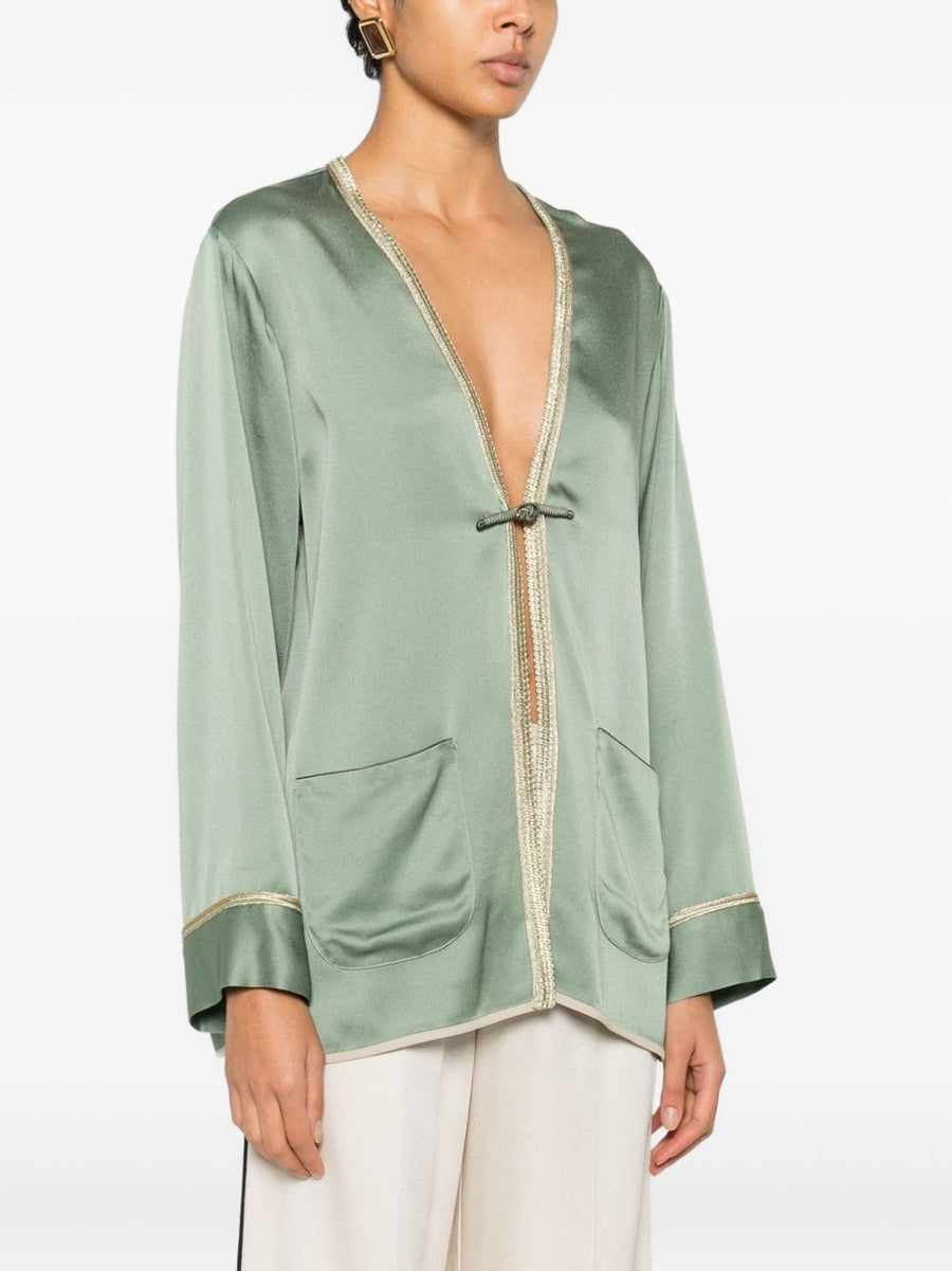 Forte Forte Kimono Jacket For Women Lightweight Layering Piece With Green Trim Luxurious Spring Summer Essential