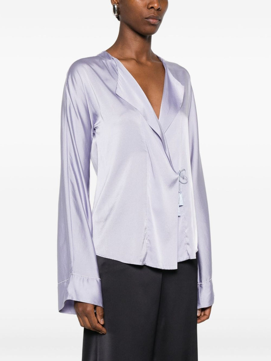 Forte Forte Silk Satin Shirt Lilac With Tie Detail V Neck For Women Luxurious Modern Elegance