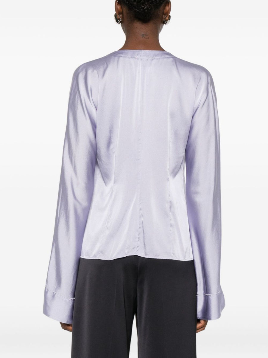 Forte Forte Silk Satin Shirt Lilac With Tie Detail V Neck For Women Luxurious Modern Elegance