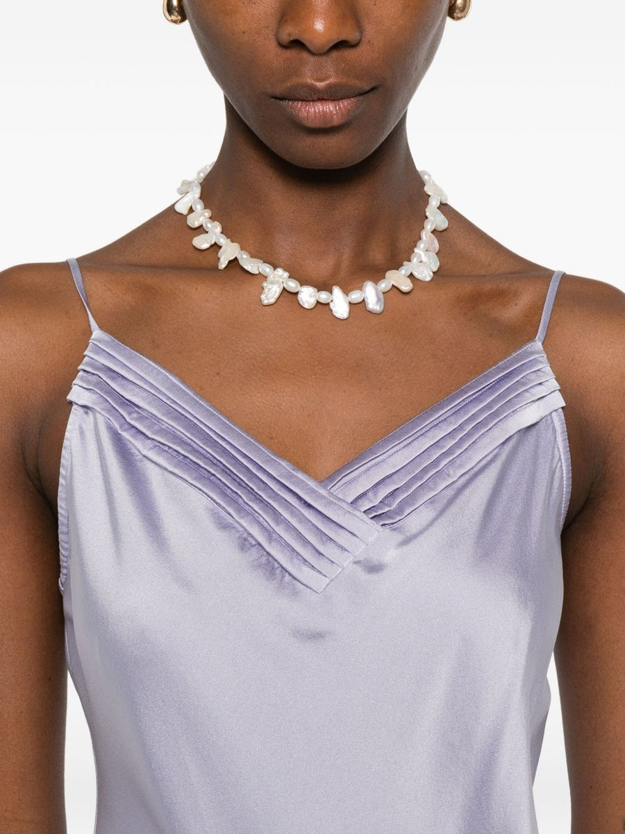 Forte Forte Luxurious Silk Satin Bodysuit Lilac For Women Layering Top With V Neck Ruched Spaghetti Straps