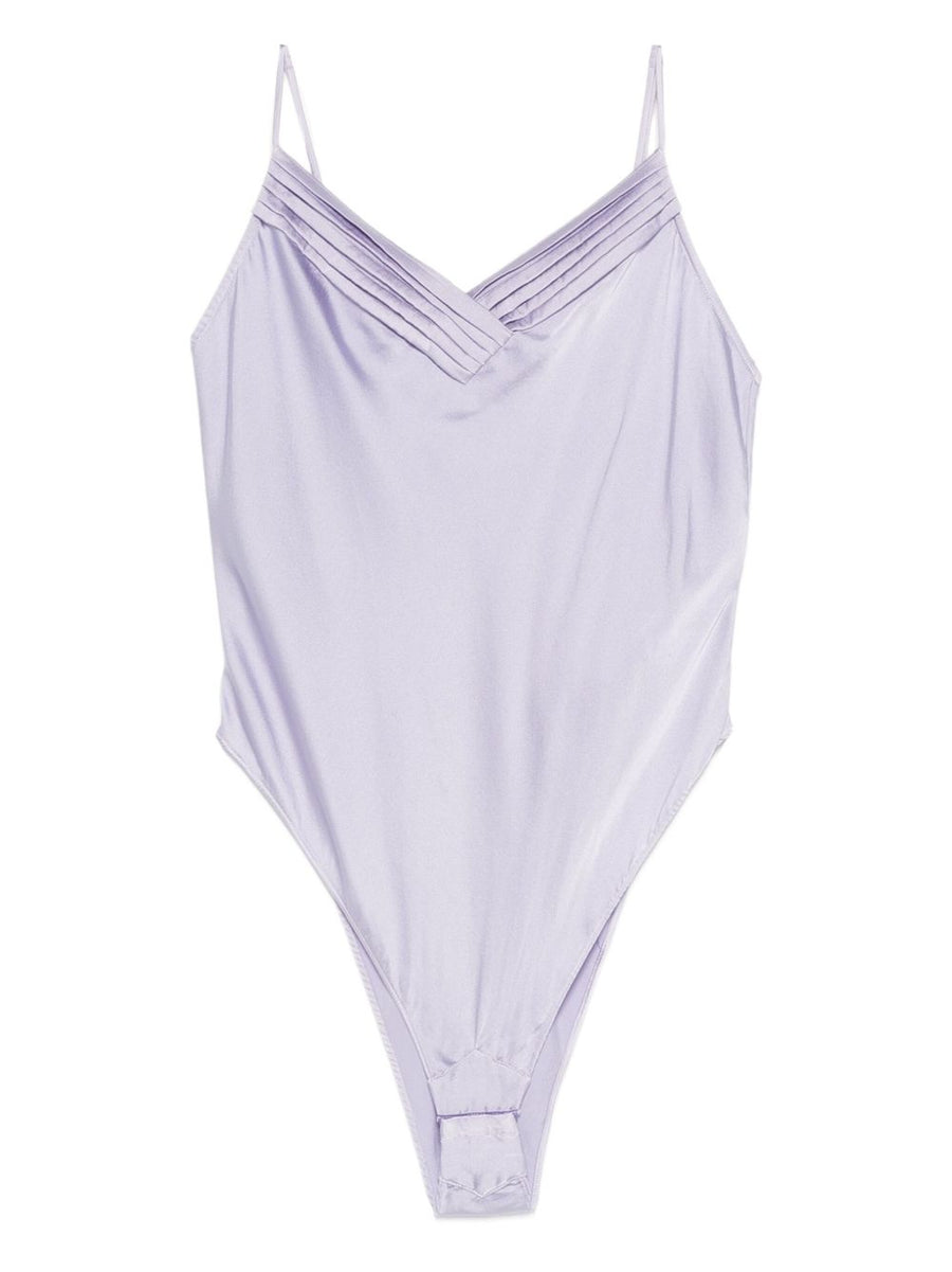 Forte Forte Luxurious Silk Satin Bodysuit Lilac For Women Layering Top With V Neck Ruched Spaghetti Straps