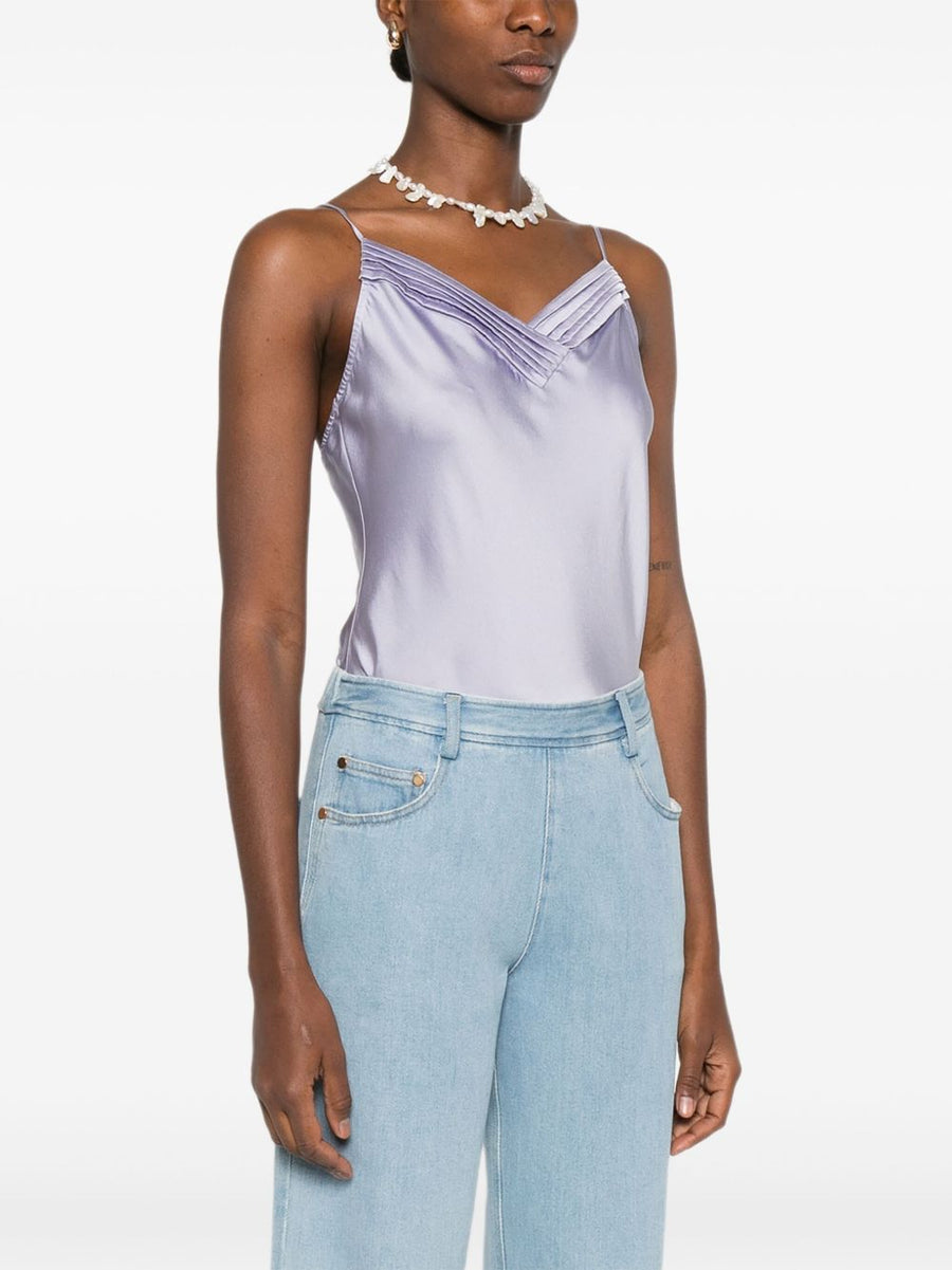 Forte Forte Luxurious Silk Satin Bodysuit Lilac For Women Layering Top With V Neck Ruched Spaghetti Straps