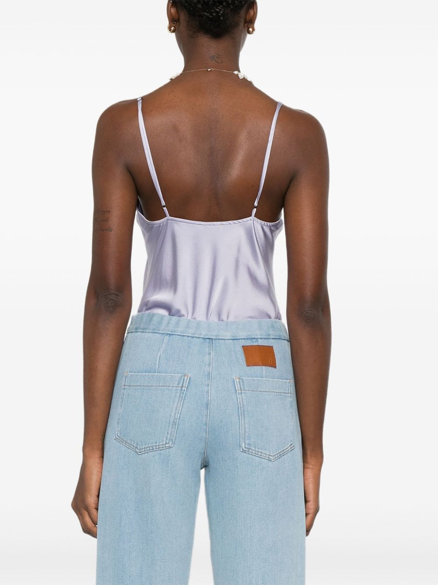 Forte Forte Luxurious Silk Satin Bodysuit Lilac For Women Layering Top With V Neck Ruched Spaghetti Straps