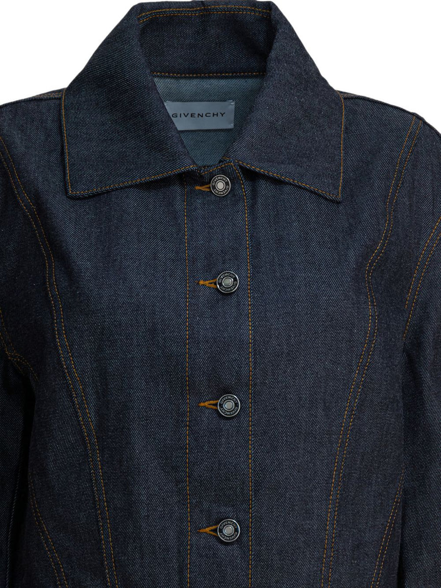 Givenchy Ink Blue Denim Cotton Jacket For Women With Balloon Sleeves And Front Pockets Premium Luxury