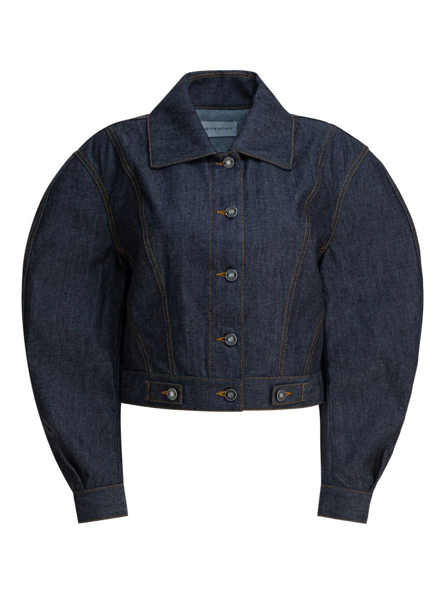 Givenchy Ink Blue Denim Cotton Jacket For Women With Balloon Sleeves And Front Pockets Premium Luxury