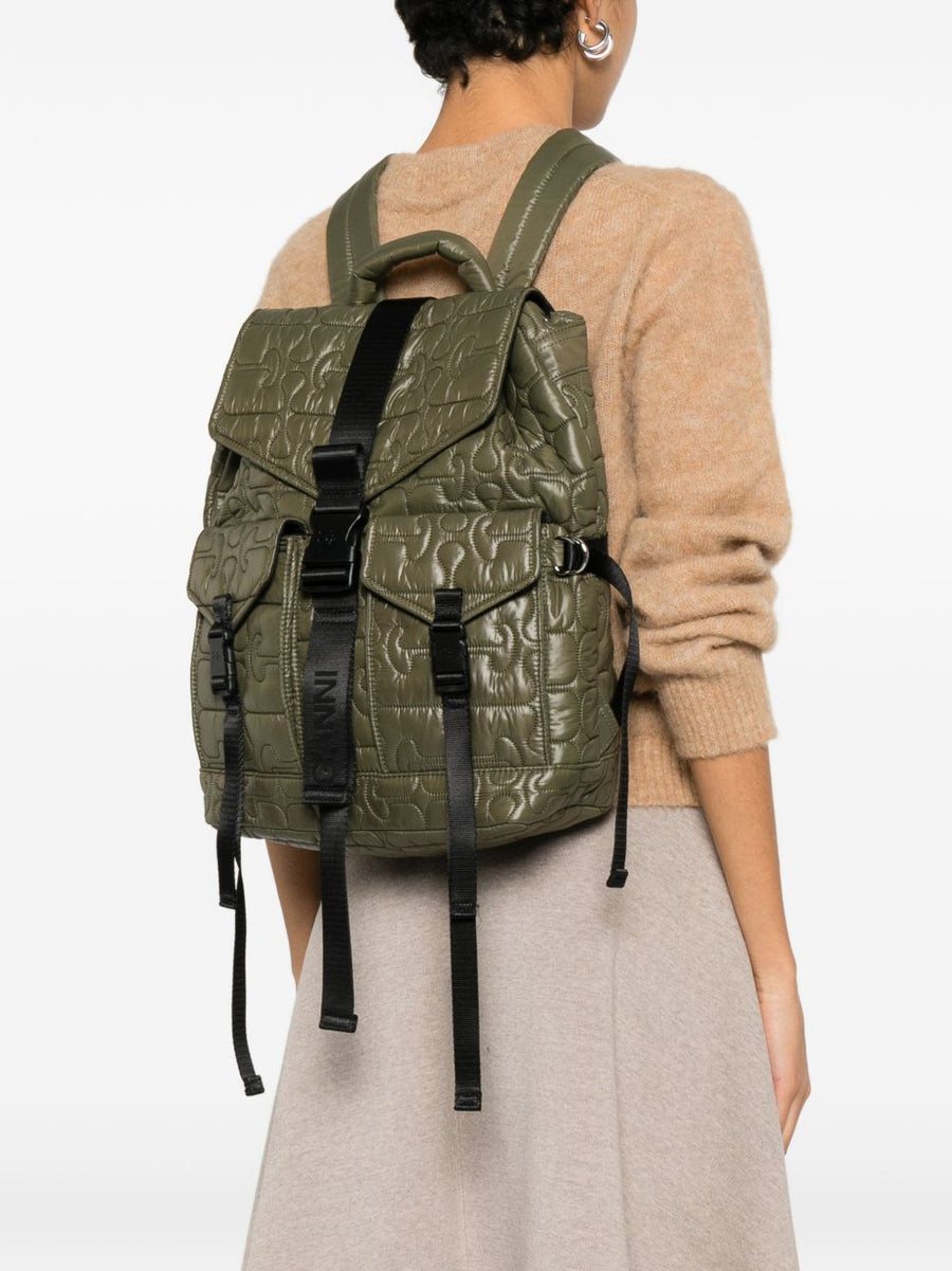 Ganni Quilted Flap Pocket Backpack For Women Eco Friendly Recycled Nylon Everyday City Carry