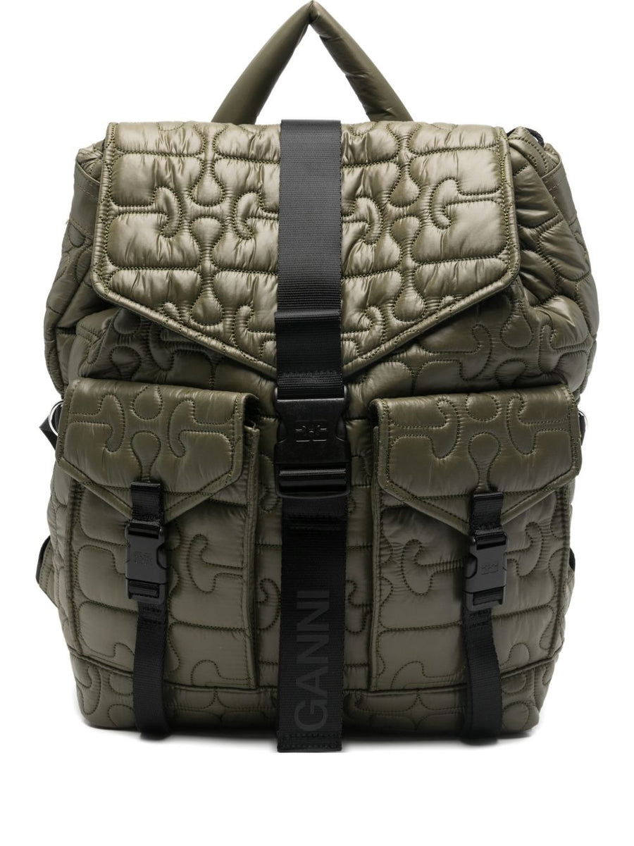 Ganni Quilted Flap Pocket Backpack For Women Eco Friendly Recycled Nylon Everyday City Carry