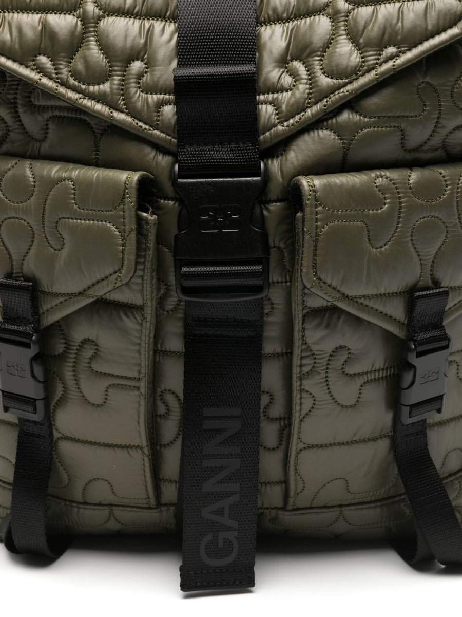Ganni Quilted Flap Pocket Backpack For Women Eco Friendly Recycled Nylon Everyday City Carry