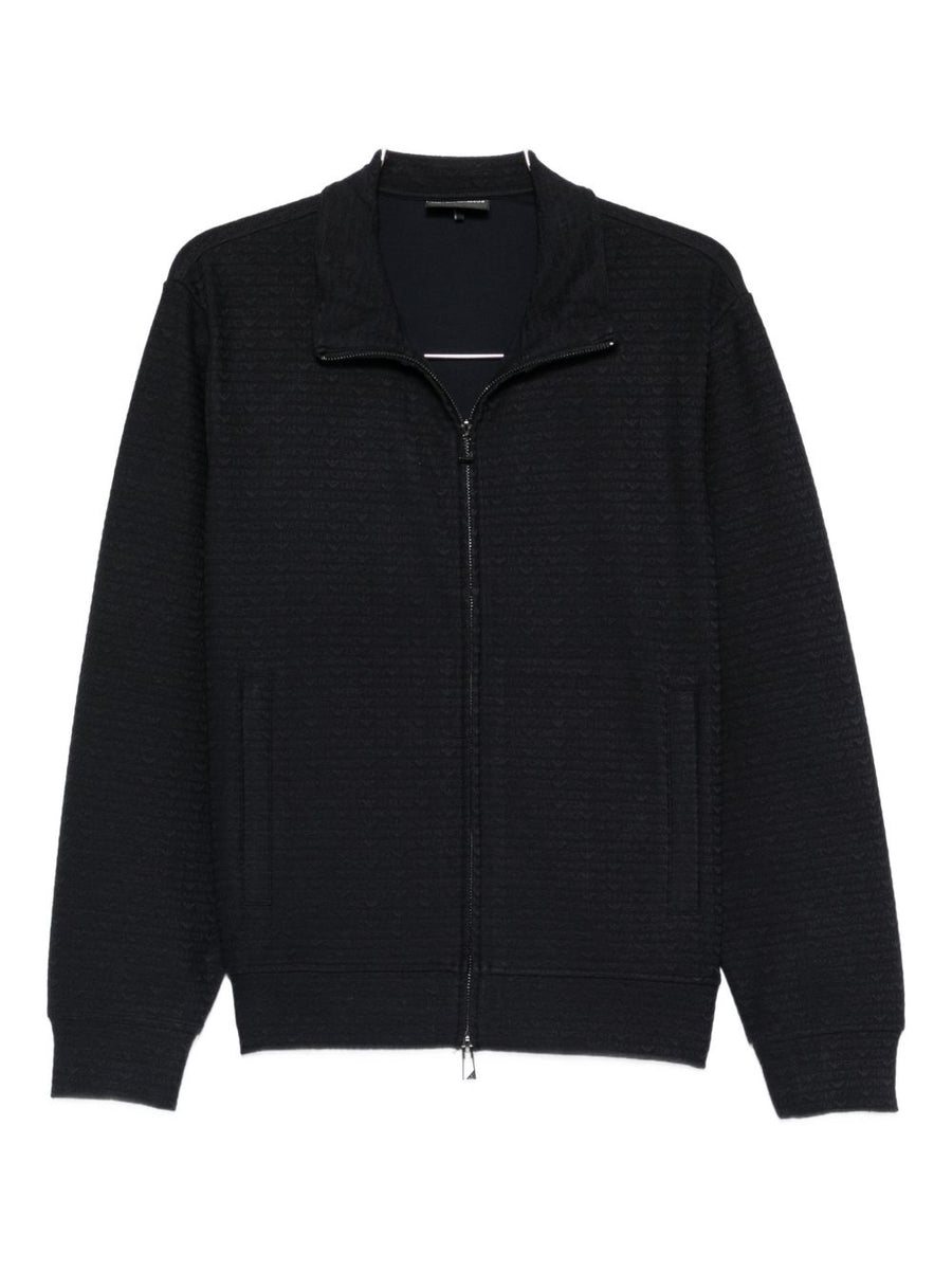 Emporio Armani Luxury Navy Cotton Blend Zip Sweatshirt For Men With Textured Finish And Welt Pockets