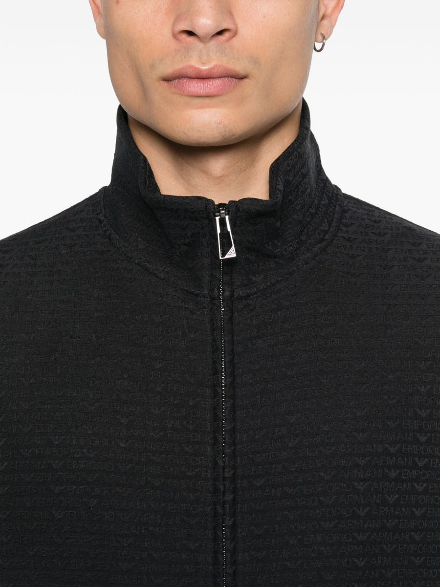 Emporio Armani Luxury Navy Cotton Blend Zip Sweatshirt For Men With Textured Finish And Welt Pockets