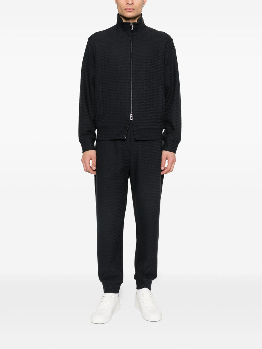 Emporio Armani Luxury Navy Cotton Blend Zip Sweatshirt For Men With Textured Finish And Welt Pockets