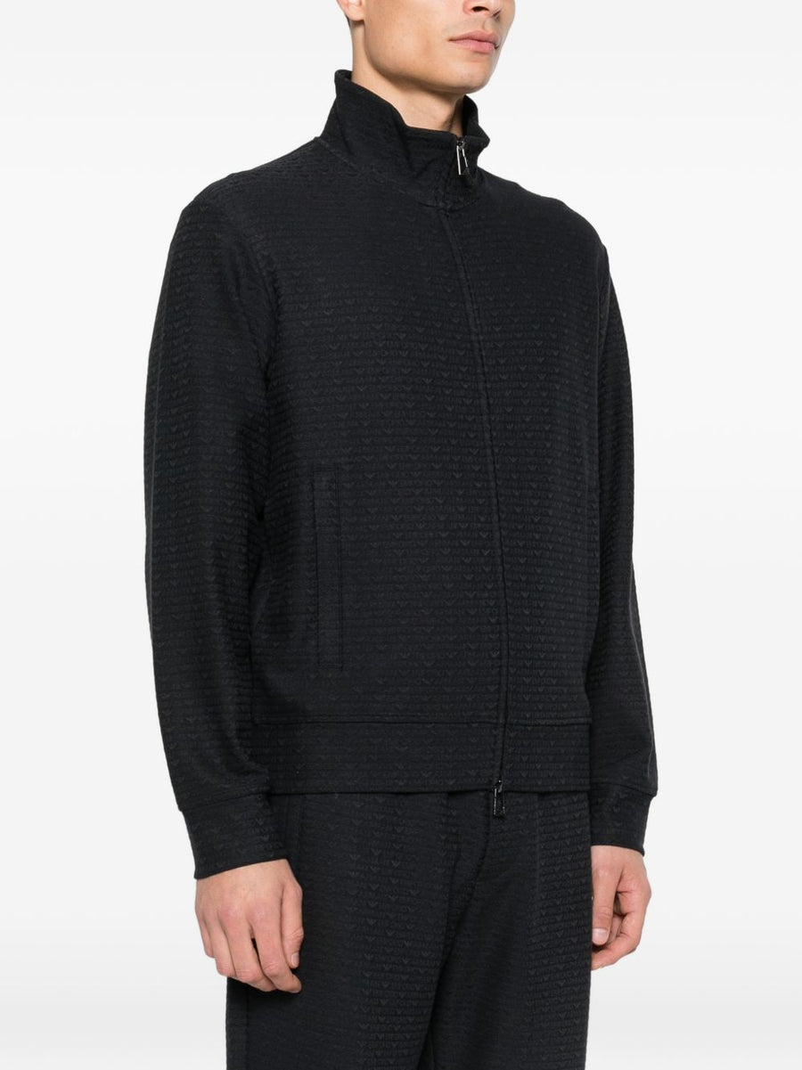 Emporio Armani Luxury Navy Cotton Blend Zip Sweatshirt For Men With Textured Finish And Welt Pockets